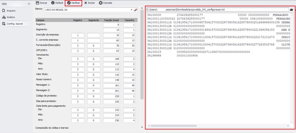 Verificar a formatação de dados de um arquivo a partir de uma configuração de layout inserida