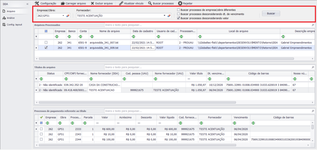 Filtros para buscar arquivos e processos de pagamento