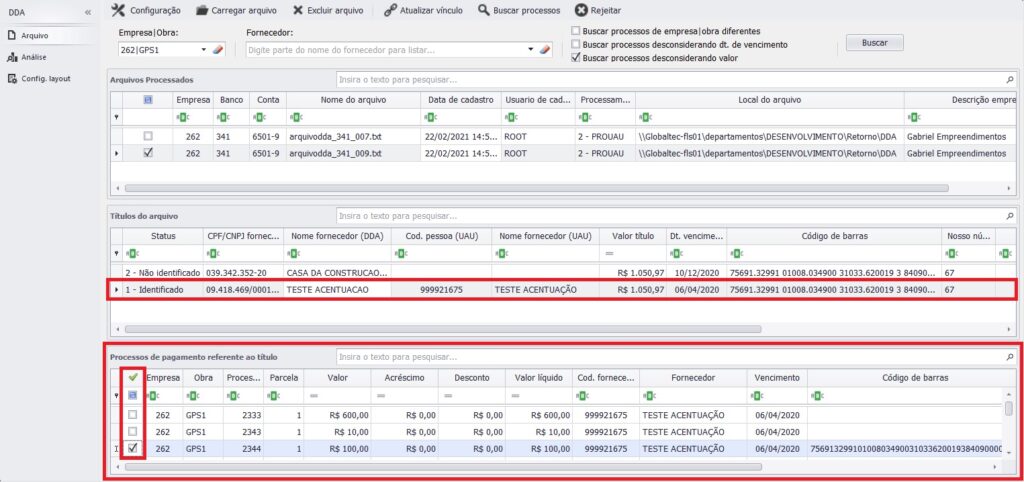 Vínculo manual de títulos com processo de pagamento