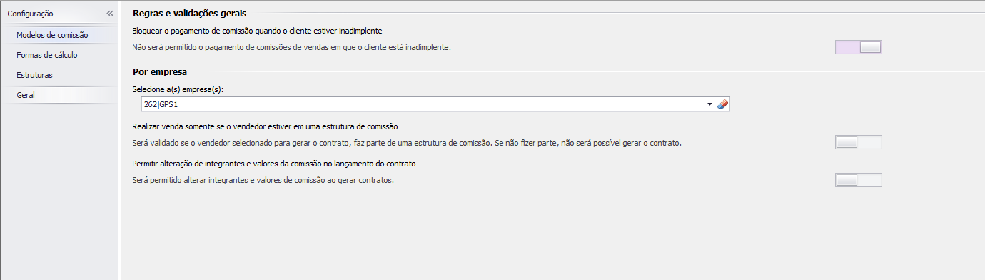 Comissão configurações