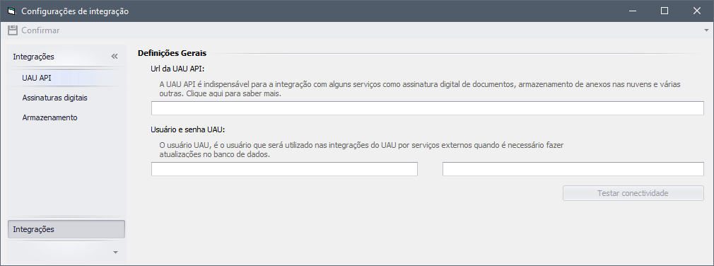 Visão UAU API da tela de Configurações de integração