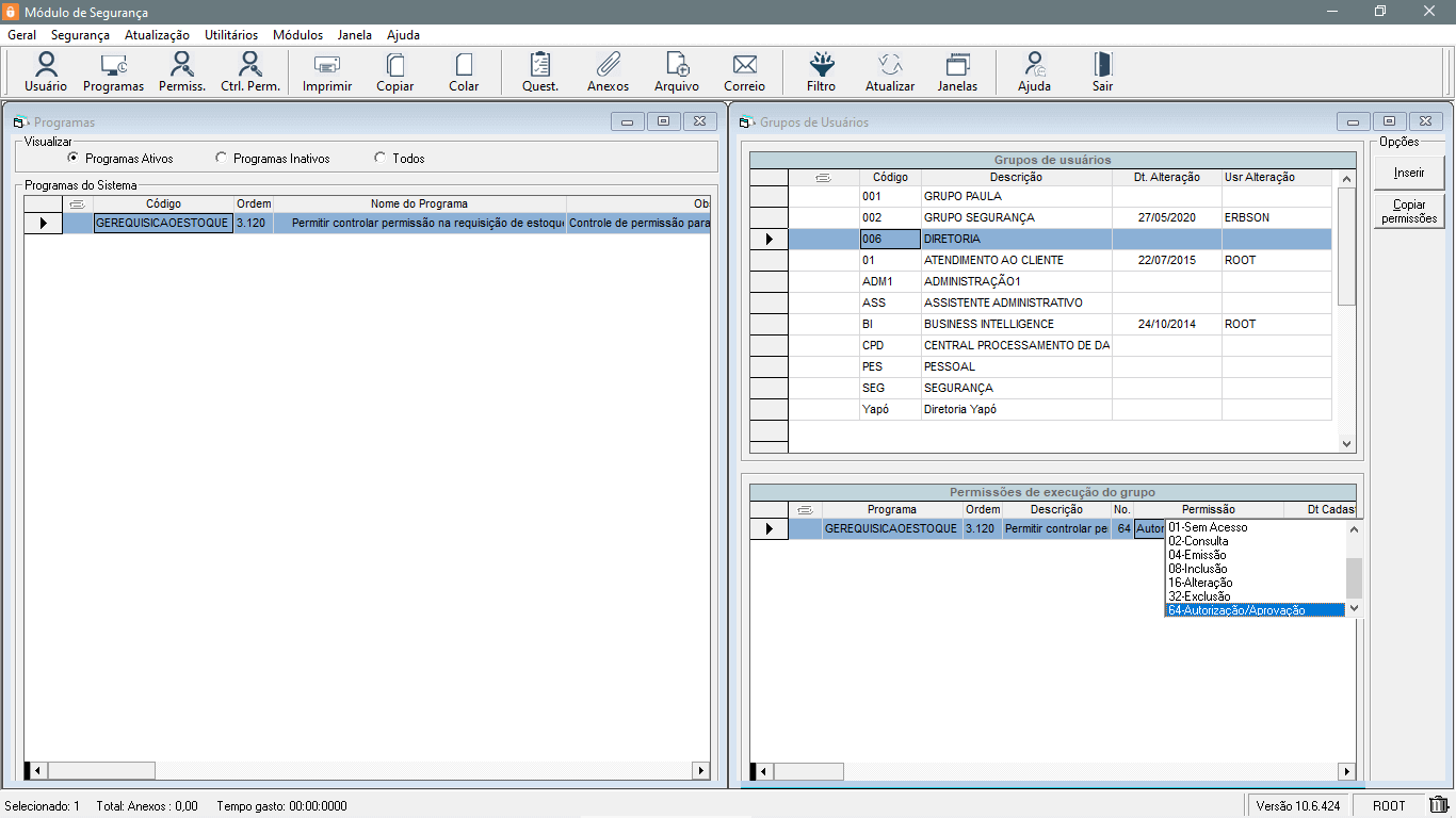 Módulo Segurança com o programa GEREQUISICAOESTOQUE